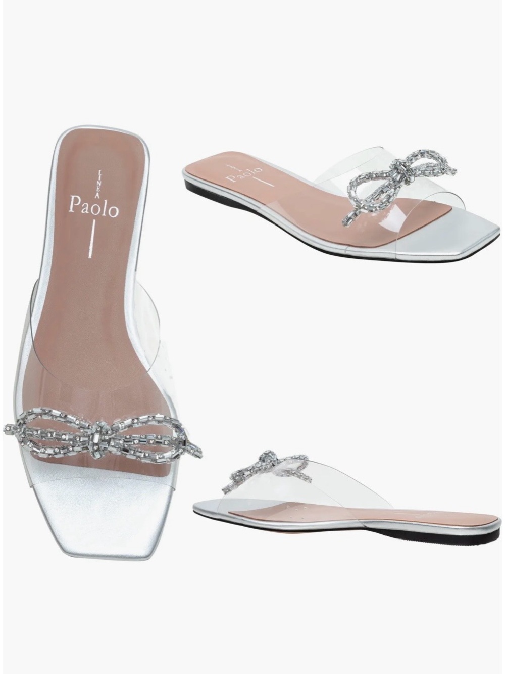 Linea Paolo “Leigh” Clear Slide Sandals Silver Crystal Bow & Nude Jelly Base - Picture 4 of 13